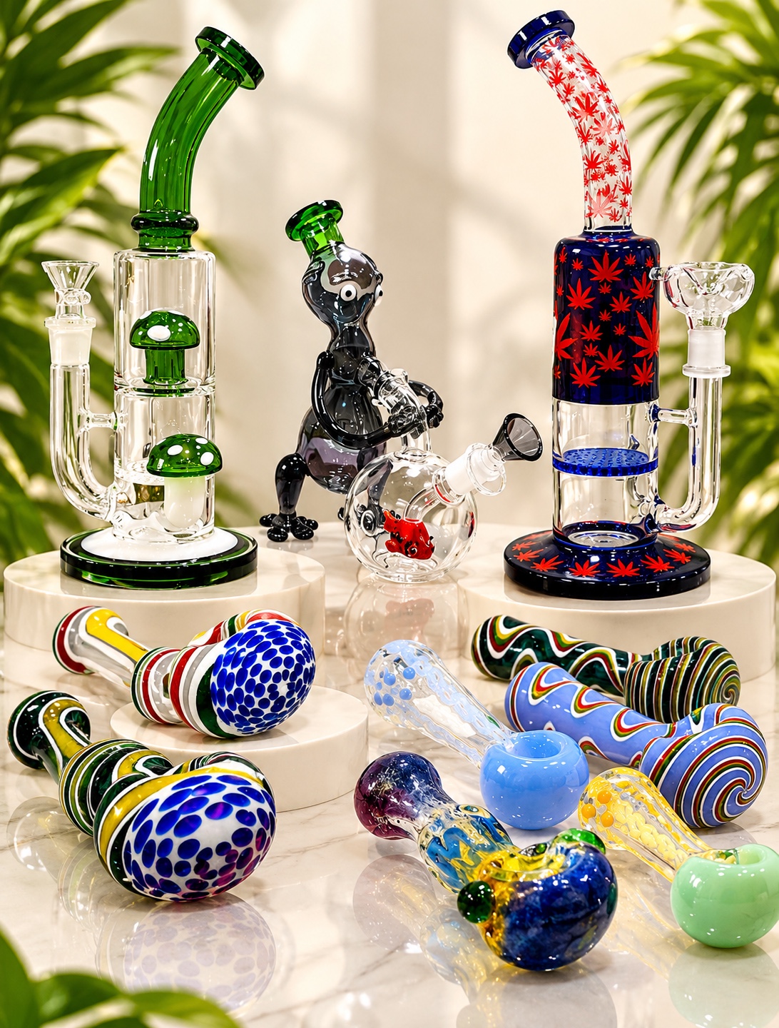 Colorful glass bongs and hand pipes